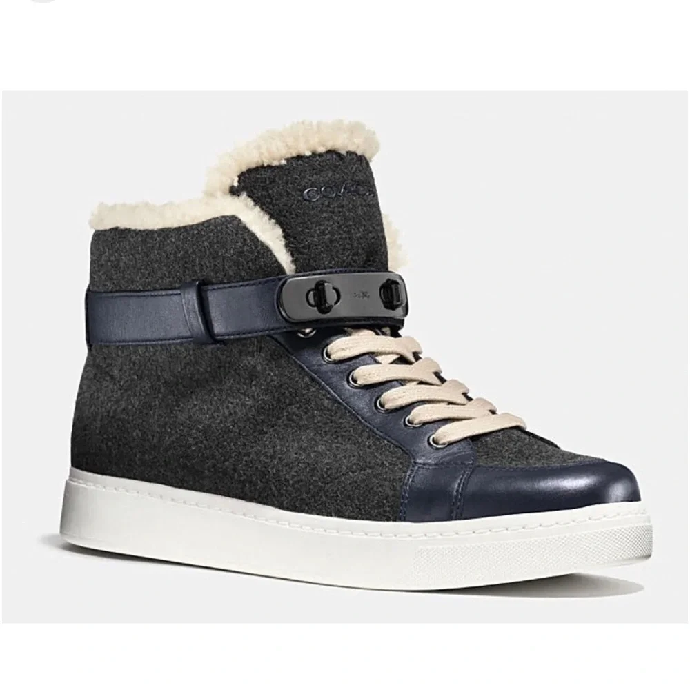 Coach Gray Wool Sherpa lined Richmond high top sneakers